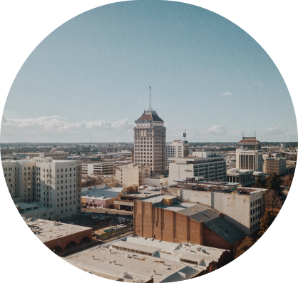 Ariel photo of downtown Fresno and the iconic Tower Theatre.